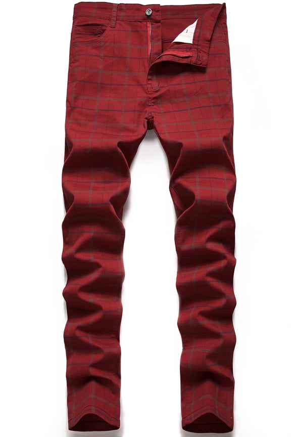 Mens Slim Fit Dress Pants Casual Stretch Flat-Front Plaid Chinos Pants