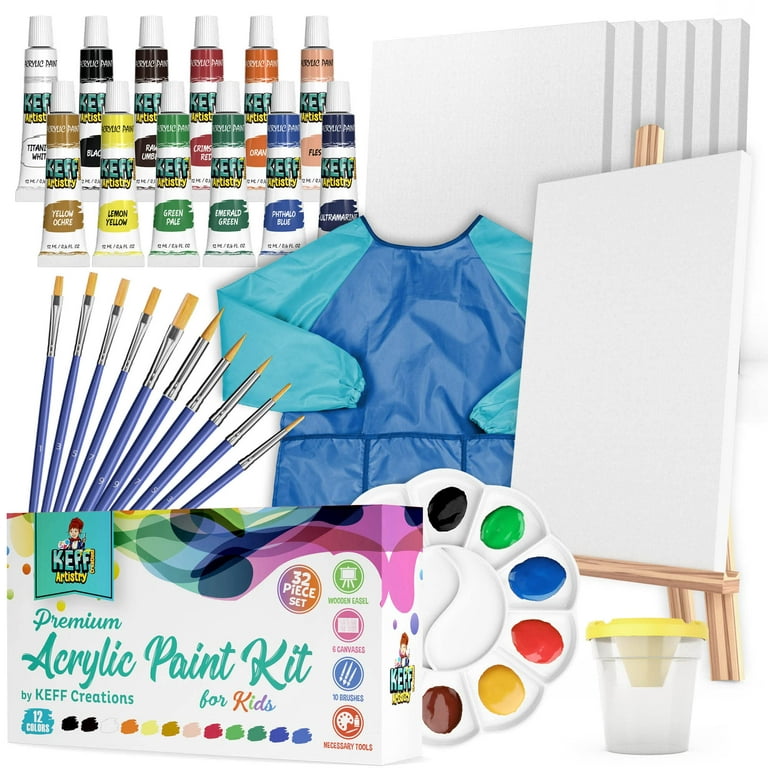 Keff Kids Painting Set - Acrylic Paint Set for Kids - Art Supplies Kit with Canvases, Non Toxic Paints, Wooden Easel, Paint Brushes, Palette & Blue