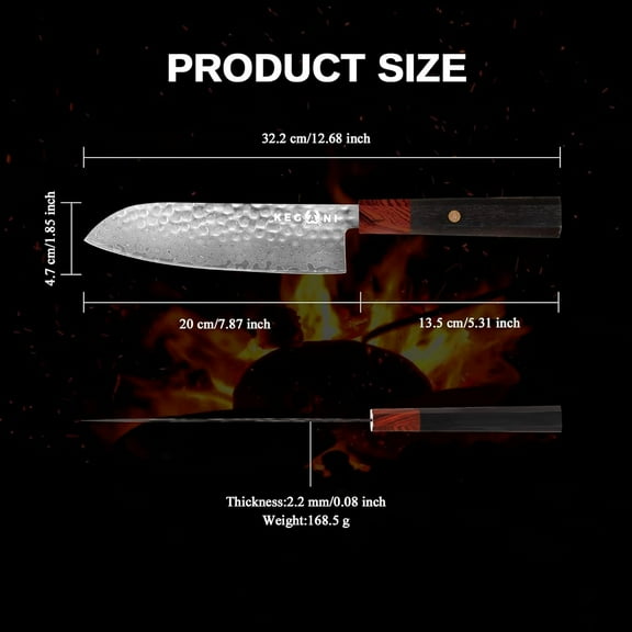 Kegani Professional 7" Damascus Japanese Santoku Knife, 67 Layers VG-10 Japanese Knife Natural Hammered Santoku Knife 7 inch Japanese Rosewood Handle