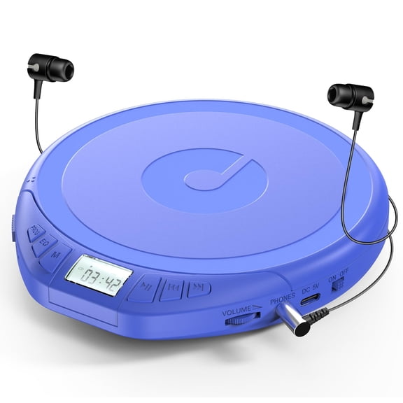 Kegaudio CD Player Portable with Headphones, Dsicman CD Player for Car Home Anti-Skip LCD Display, Support PROG Memory Repeat Function, Blue