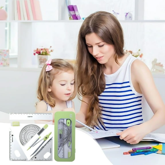 Kehuo Math Geometry Kit 7-Piece Student Supplies Set with Shatterproof Storage Box Including Ruler, Protractor, Eraser, Lead Leads, Pencils for Drawing, Must Have Household Items