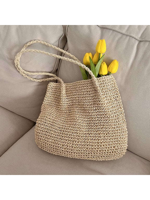 Women Straw Crochet Backpack Flap Drawstring Shoulders Bag Casual Beach Daypack Bag Straw Purse for Girls Summer Beach Crossbody Handbags, Household Supplies Content Household