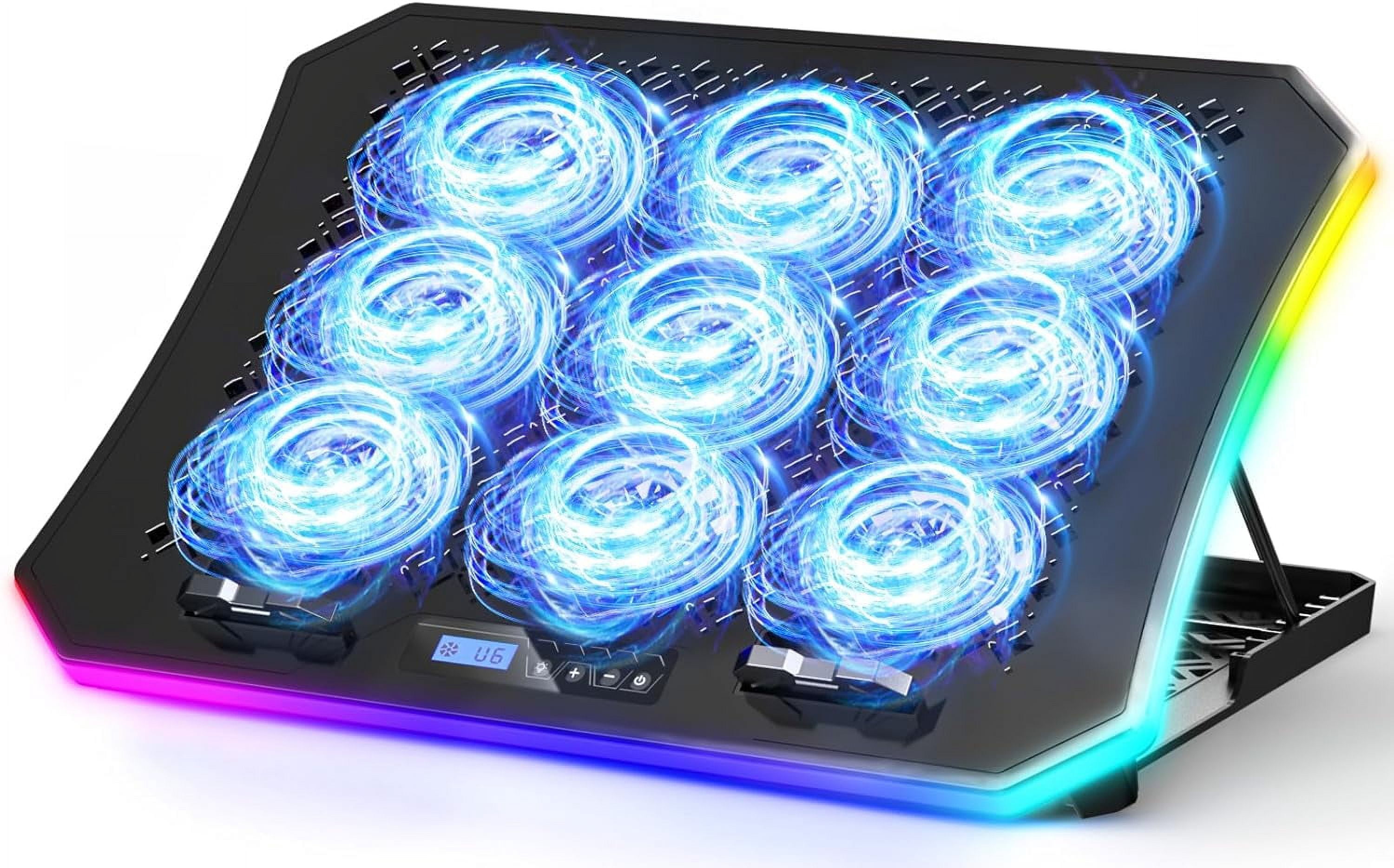Upgraded Gaming Laptop Cooler Pad with 9 Quiet RGB Fans, Cooling Pad for 15.6-17.3 Inch Laptops with 7 Height Stands, 2 USB Ports, Phone Stand-Blue