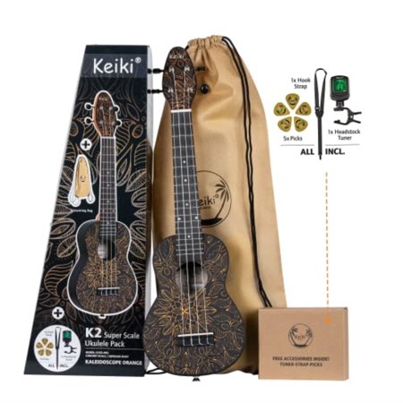 Keiki K2 Series Super Scale Concert-Soprano Ukulele Pack - Includes: Tuner, Picks, Strap & Tote Bag