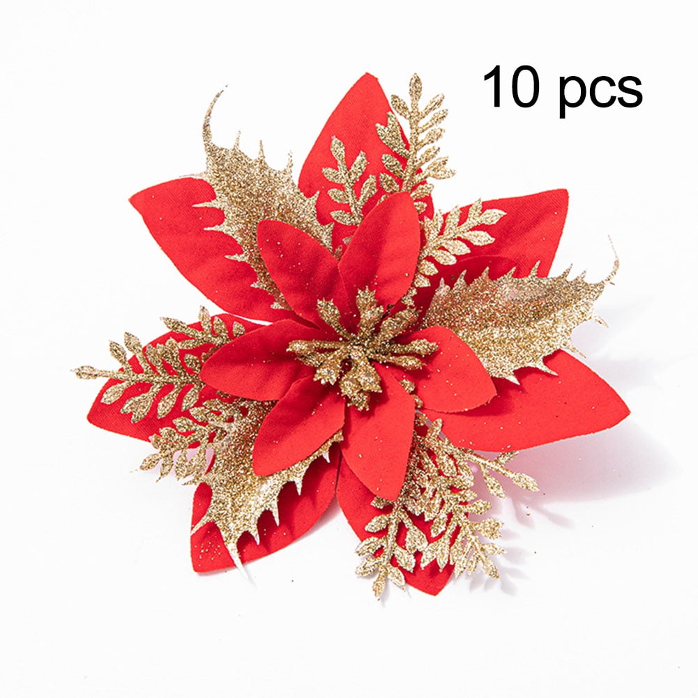 Keimprove 10 Pcs Glitter Poinsettias Artificial Christmas Flowers Silk ...