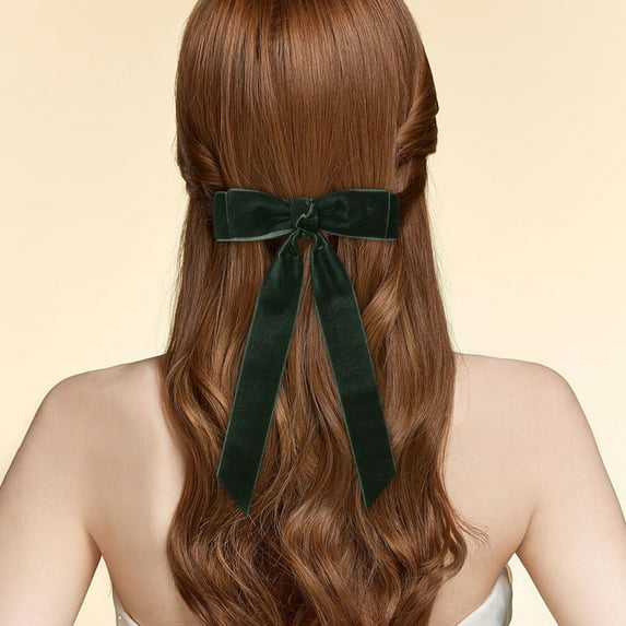 KeirienCC Green Velvet Hair Bows, 3PCS Hair Bow Velvet Hair Clip, 1 Long 7" and 2 Basic 4” Hair Bow Set for Toddler Girls Long Ponytail Knot Bows Alligator Clip Hair Accessories for Little Girls