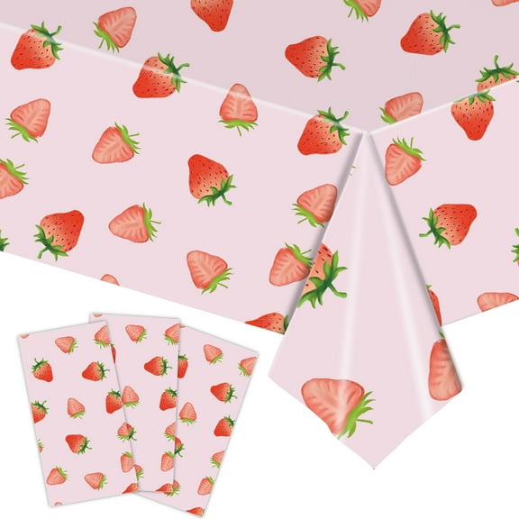 KeirineCC 1 PCS Strawberry Oval Table Cloth Large,Disposable Strawberry Party Decorations Berry Sweet Supplies Favor for Birthday Summer Fruit Party Baby Shower Tableware Set