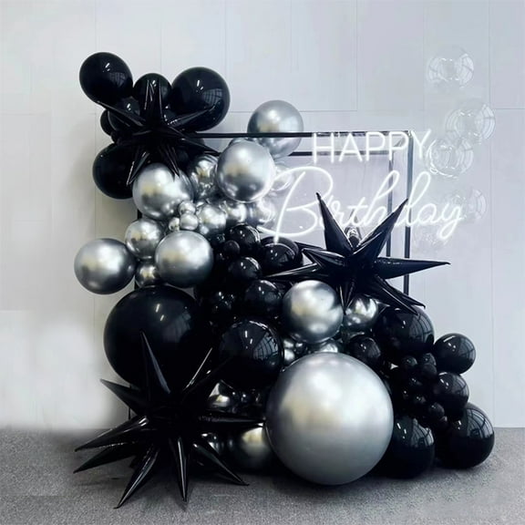 KeirineCC 102PCS Black and Silver Balloons Garland Arch Kit with Stars - Black Silver Confetti Latex Party Balloons for Graduation Retirement Birthday Anniversary