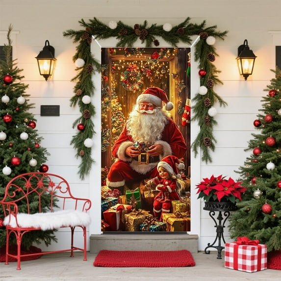 KeirineCC 1PCS Elf Christmas Door Cover Hanging Banner Cute Buddy Photo Booth Props Funny Christmas Photography Background for Indoor Outdoor Holiday Party Supplies 71x35 Inch,Style D