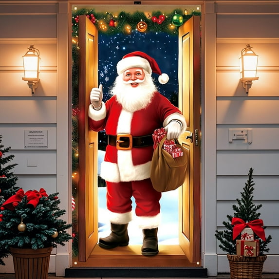 KeirineCC 1PCS Santa Door Cover,35x71 Inches Funny Merry Christmas Door Cover Santa Claus Welcome Banner,Christmas Festive Porch Lawn Garden Decor for Front Door Holiday Cheer,