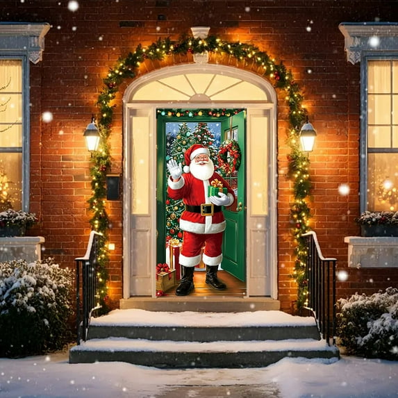 KeirineCC 1PCS Santa Door Cover,35x71 Inches Funny Merry Christmas Door Cover Santa Claus Welcome Banner,Christmas Festive Porch Lawn Garden Decor for Front Door Holiday Cheer,