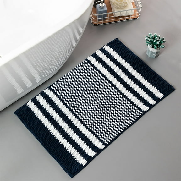 KeirineCC Bathroom Rugs 23.6x 15.7Inch, Luxury Chenille with Non Slip Bottom Liner Washable Bath mats, Absorbent Shower Carpets, Machine Washable, Quick Dry, Ruggable, Navy & White Stripe