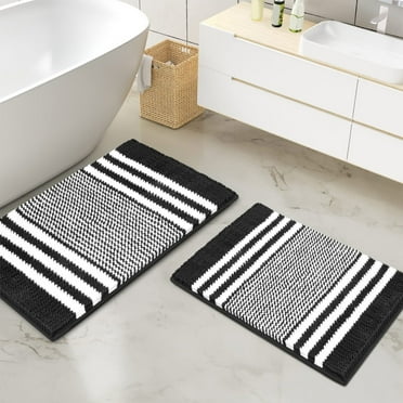 KeirineCC Bathroom Rugs 23.6x 15.7Inch, Luxury Chenille with Non Slip Bottom Liner Washable Bath mats, Absorbent Shower Carpets, Machine Washable, Quick Dry, Ruggable, Black & White Stripe
