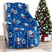 KeirineCC Christmas Blue Snowman Themed Throw Blanket, Christmas Snowman Throw Blanket | Blue Holiday Christmas Fleece Blanket | Soft, Plush, Warm Winter Cabin Throw, 27.5x39.3inch (A)