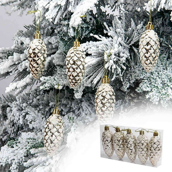 KeirineCC Christmas Pinecone Glass Ornament Glitter Pinecone Christmas Ornament Glitter Xmas Hanging Ornaments for Xmas Tree DIY Crafts Fall Thanksgiving Day Decoration 5PCS - White