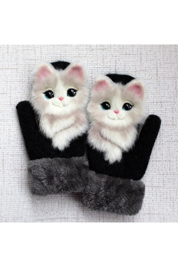 Cute Animal Mittens, Handmade Knitted Plush Animal Mittens Gloves, Full Fingers Thickening Soft Winter Warm Mittens(Adult, Cat)