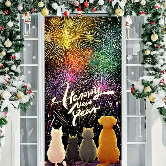 KeirineCC Cute Cat Decorations Door Cover Happy New Year Door Cover Xmas Door Banner for Front Door Winter Holiday Party Decor Christmas Themed Party Backdrop Festive Door Hanging,35x71 Inches,#C