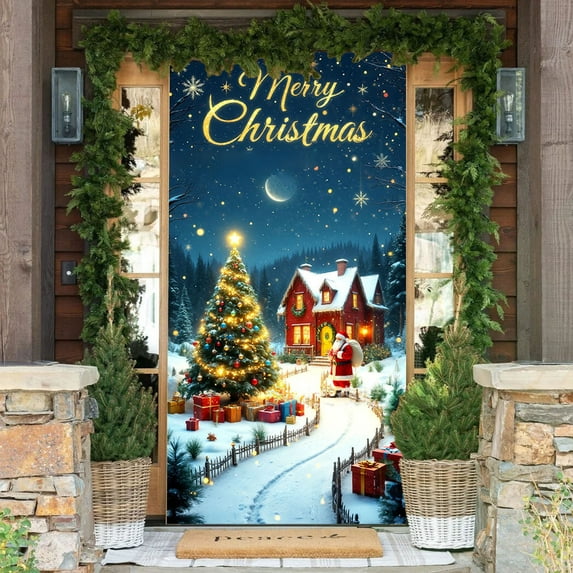 KeirineCC Cute Cats Dogs Merry Christmas Door Cover Porch Banner with Santa Claus Carrying Gifts Shushing Kitten Decoration for Front Door Wall Window Decoration New Year Decoration 71x35 Inch,#D
