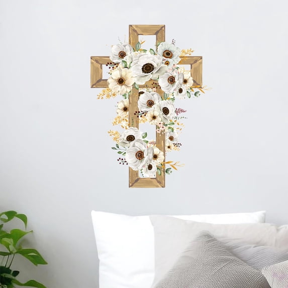 KeirineCC Easter Religious Cross with Flower Stickers, Easter Window Clings, Religious Cross Flower Window Stickers Decor, Spring Floral Wreath Dove Butterfly Home Kitchen Decorations - Brown