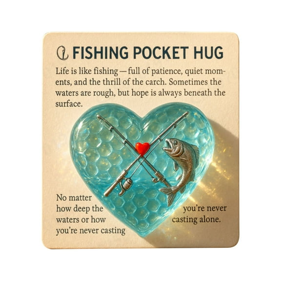 KeirineCC Fishing Lover Pocket Hug with Gift Card – Sea Glass Heart Token with Fishing Rod & Fish Design,1PCS Inspirational Keepsake for Fishermen,Anglers,Fisher Dad Pocket Charm