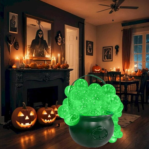 KeirineCC Halloween Decorations Outdoor,8 Inches Large Witches Cauldron with Green Lights,Black Plastic Bowl Decor with Flames Carving,Candy Bucket Decoration for Garden Party - Remote