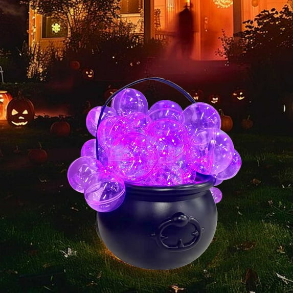 KeirineCC Halloween Decorations Outdoor,8 Inches Large Witches Cauldron with Purple Lights,Black Plastic Bowl Decor with Flames Carving,Candy Bucket Decoration for Garden Party - Remote