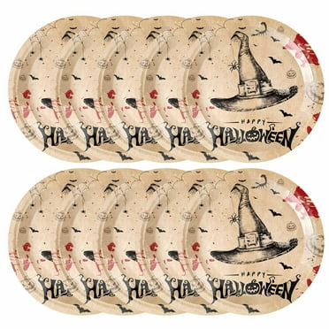 KeirineCC Halloween Party Supplies Disposable Tableware Halloween Plates Cups Napkin Spoon Fork Knives Banner Plastic Tablecloth Dinnerware for Halloween Party Decorations, Serves 10 - 7" Plates