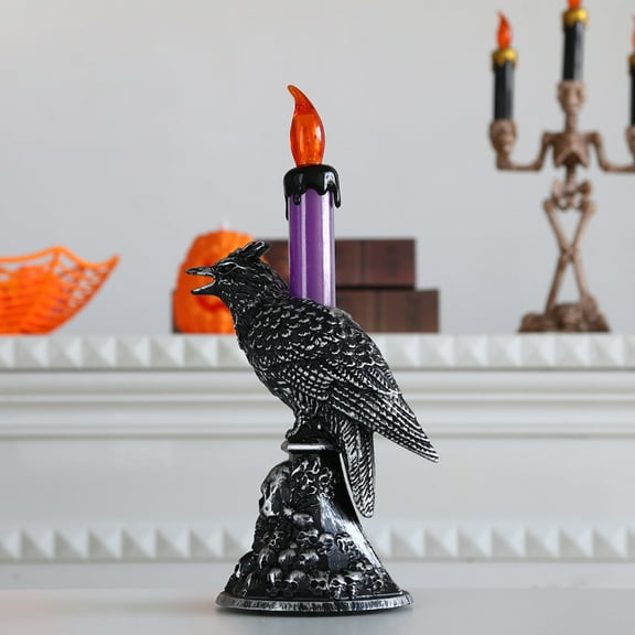 KeirineCC Halloween Raven Flameless Candles, Black Crow Skull Statue Candlestick,Glowing Light Flickering Candle Holder Halloween Table Lamp Scary Ornaments Home Decorations - Green