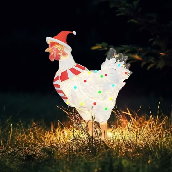 KeirineCC Light Up Chicken with Scarf Patio 15.7" Christmas Chicken Decor 3D Sturdy Outdoor Lawn Ornament Christmas Decorations with Color Lights Rooster Garden Stakes for Ground Lawn Outdoor Decor