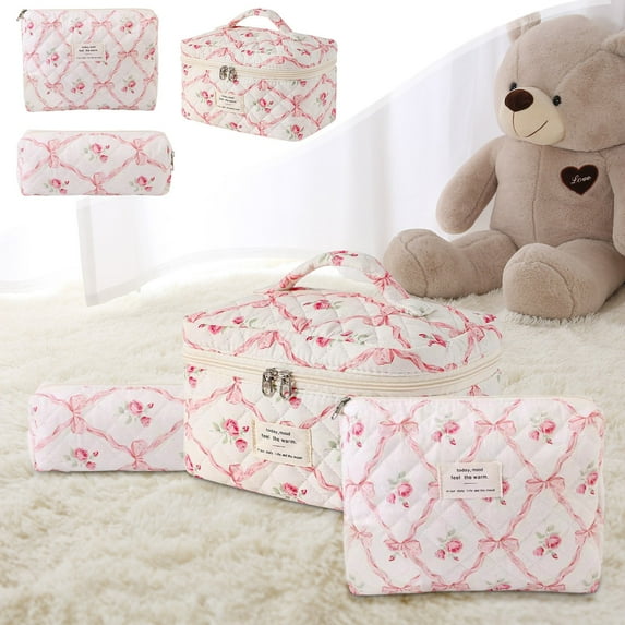 KeirineCC Makeup Bag, Travel Makeup Bag, Quilted Makeup Bag, Cute Cosmetic Bag for Women,Cotton Makeup Bag Set,Travel Toiletry Bag