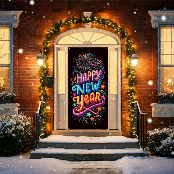 KeirineCC Neon Happy New Year Door Cover 2025 Colorful Firework New Years Banner for Front Door New Year Eve Party Decoration Porch Sign Outdoor Indoor Photography 35x71Inches,1PCS Style B