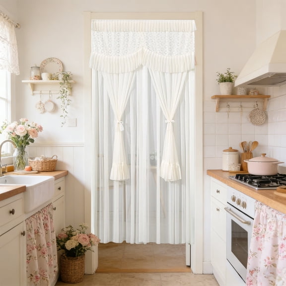 KeirineCC Simply Lace Door Curtain Room Divider Punch-free Installation For Home Use Double-layered Opaque Sheer Curtain For Bedroom And Kitchen 78.74 X 39.37 InchesBeige