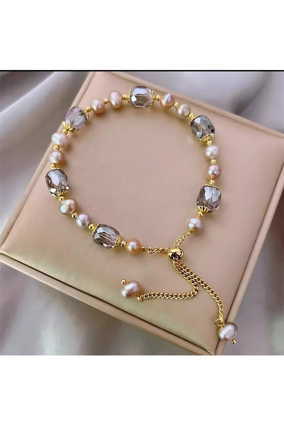 Simulated Pearl Stackable Stretch Bracelet, Lucky Pearl with Purple Stone Bracelet, Beaded Ball Adjustable Elastic Bangles for Gift Women Wedding Jewelry