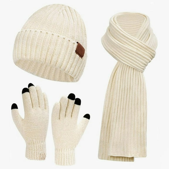 KeirineCC Winter Hat Scarf Gloves Set for Women Men Warm Fleece Lined Beanie Hat Knitted Touchscreen Gloves Long Scarves with Gift Box - White