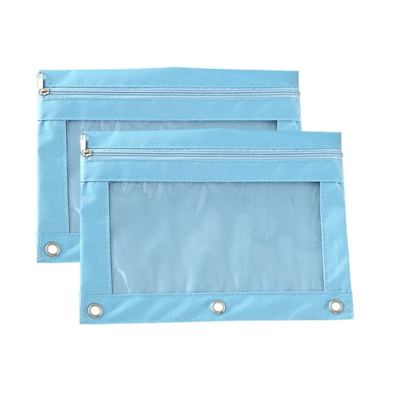KeirineCC Zipper Pencil Pouch,3 Ring Pencil Pouch,2 Pack Multi-Color Binder Pencil Pouch,Durable Zip Binder Pencil Bags with Clear Window,For Study Office Supplies Cosmetics,8x10 Inches,Light Blue