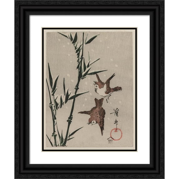 Keisai Eisen 15x18 Black Ornate Wood Framed Double Matted Museum Art Print Titled - Sparrows, Bamboo and Falling Snow (C. Late 1820s)
