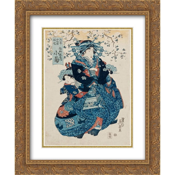 Keisai Eisen 2x Matted 20x24 Gold Ornate Framed Art Print 'Kogiku'