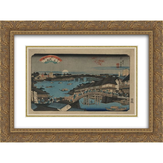 Keisai Eisen 2x Matted 24x20 Gold Ornate Framed Art Print 'Evening glow at Ryogoku Bridge'