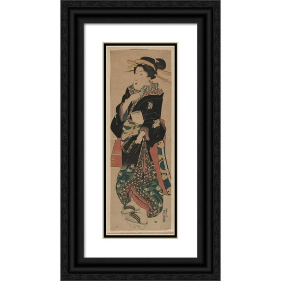 Keisai Eisen 9x18 Black Ornate Wood Framed Double Matted Museum Art Print Titled - Fumi O Motsu Onna (1825)