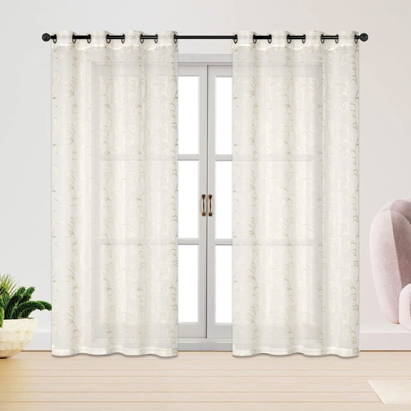 Keisha Floral Embroidered Grommet Window Curtain Panel, Beige-Linen, 54x84 Inches