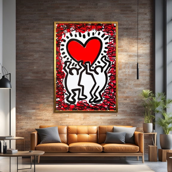 Keith Haring Inspired Pop Art Graffiti Canvas Painting - Bold Urban Street Art With Red Heart Motif, Unframed Poster Size 24x36
