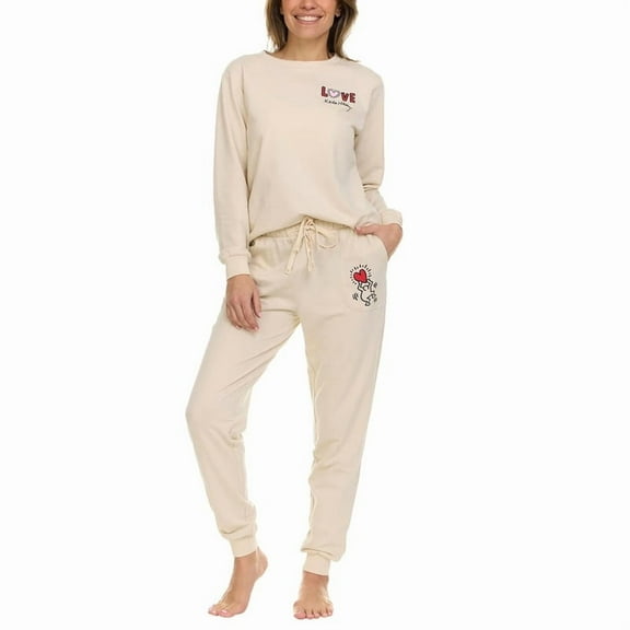 Keith Haring Women's 2 Piece Super Soft Luxurious Fleece Lounge Pajama Set, Long Sleeve Crew and Jogger (Tan Large)