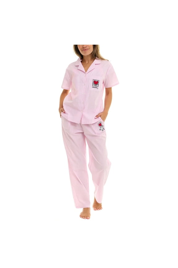 Women's Iconic Embroidered Art Cotton Pajamas Set, 2-Piece Notch Collar Sleepwear-Lightweight (PINK,SMALL)