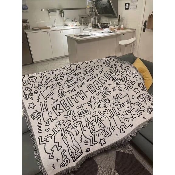 Keith Harring Graffiti Black and White Woven Tapestry Blanket Throws LGBTQ Decor