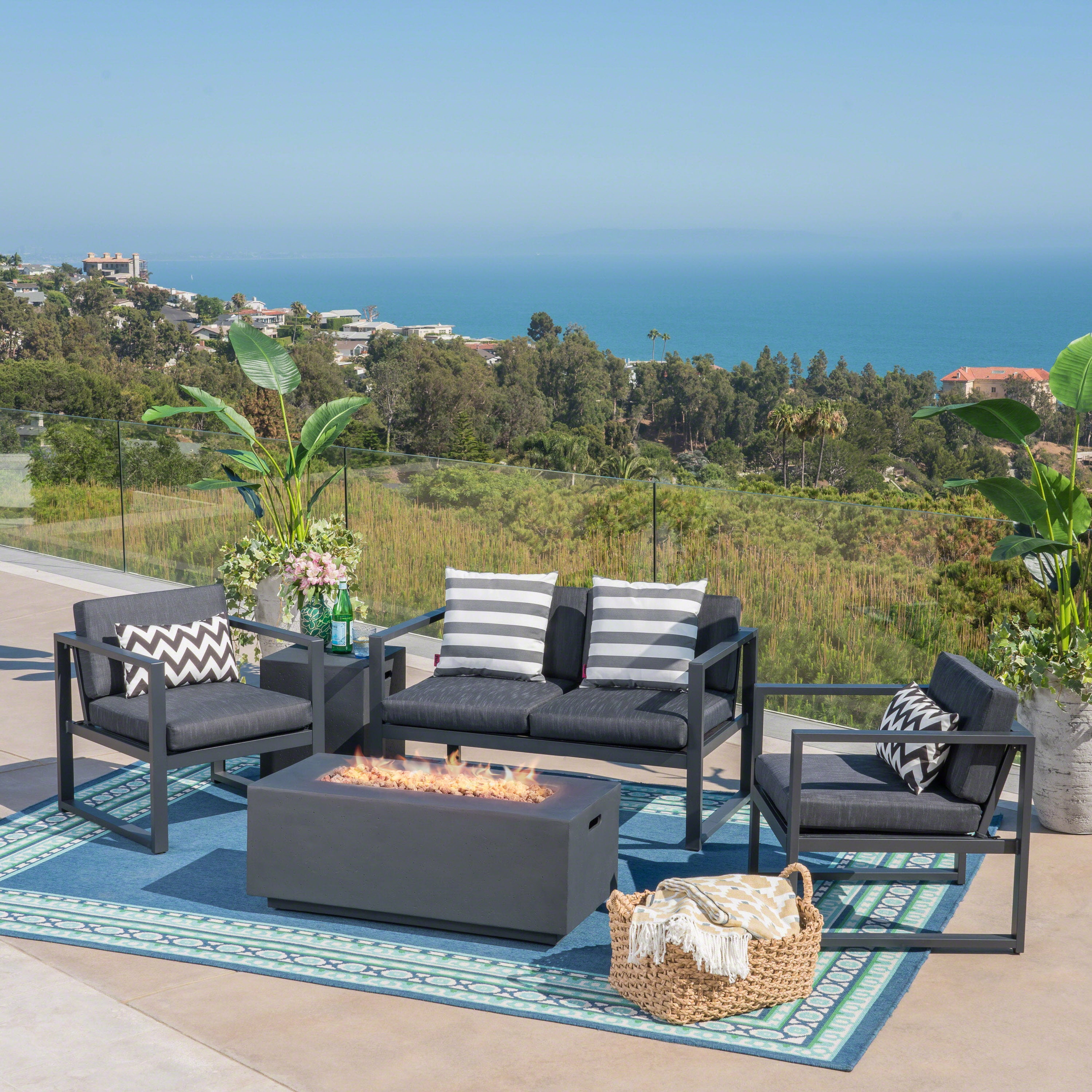 Keith Outdoor 5 Piece Aluminum Chat Set with Fire Pit and Tank Holder, Dark Gray, Silver, Dark Gray