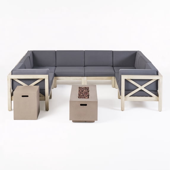 Keith Outdoor Acacia Wood 8 Seater Sectional Sofa Set with Fire Pit, Light Gray Wash, Dark Gray, and Light Gray