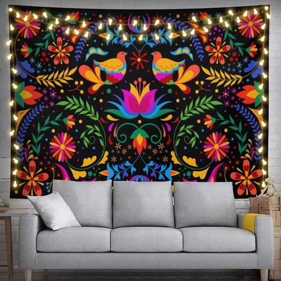 Keiutexe Mexico Floral Tapestry 60" X 40" Mexican Flowers Bird Traditional Wall Hanging Party Decorations Home Decor For Bedroom Living Room Dorm (150 X 100cm)