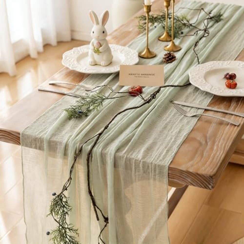 Keketoarrange Sage Green Cheesecloth Table Runner
