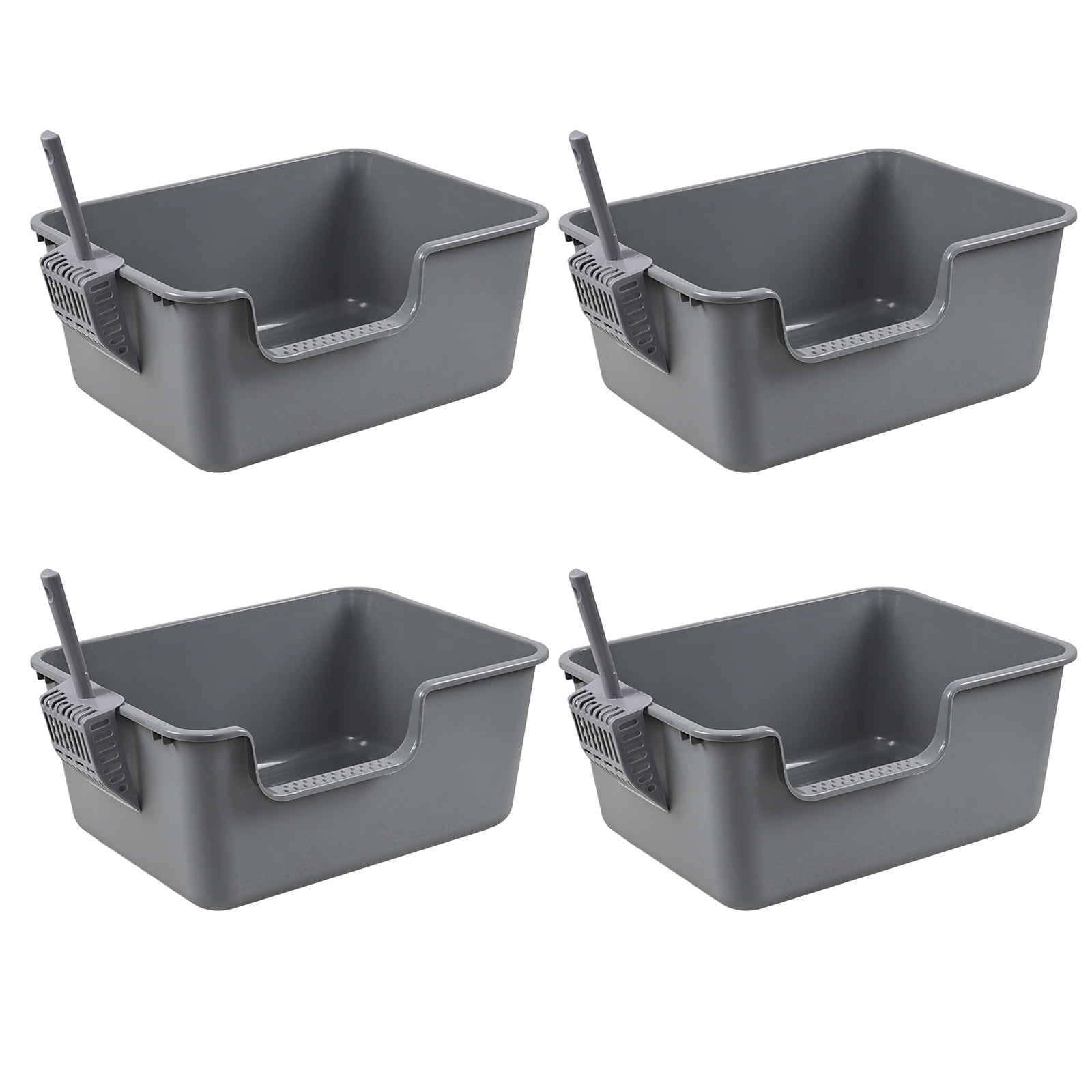 Kekow 4-Pack Anti-Splashing Kitty Litter Box with Scoop, Plastic Open High Sided Cat Litter Box, Gray