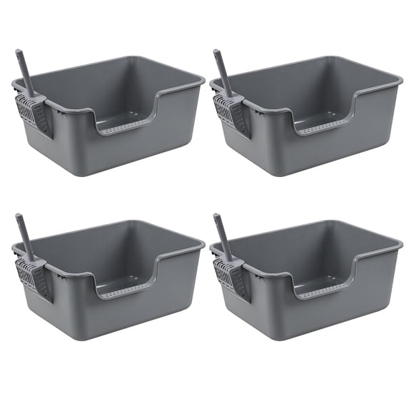 Kekow 4-Pack Anti-Splashing Kitty Litter Box with Scoop, Plastic Open High Sided Cat Litter Box, Gray